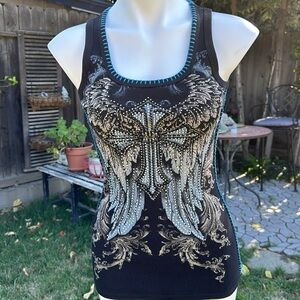 VOCAL Southern Angels Black Sequined Angel Wing Tank Size Medium Made In USA